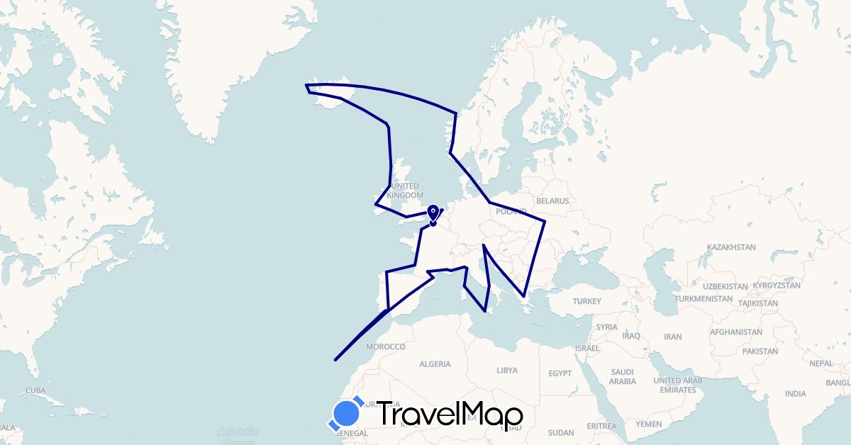 TravelMap itinerary: driving in Austria, Bosnia and Herzegovina, Spain, Faroe Islands, France, United Kingdom, Greece, Croatia, Ireland, Iceland, Italy, Netherlands, Norway, Poland, Portugal, Slovenia, Ukraine (Europe)